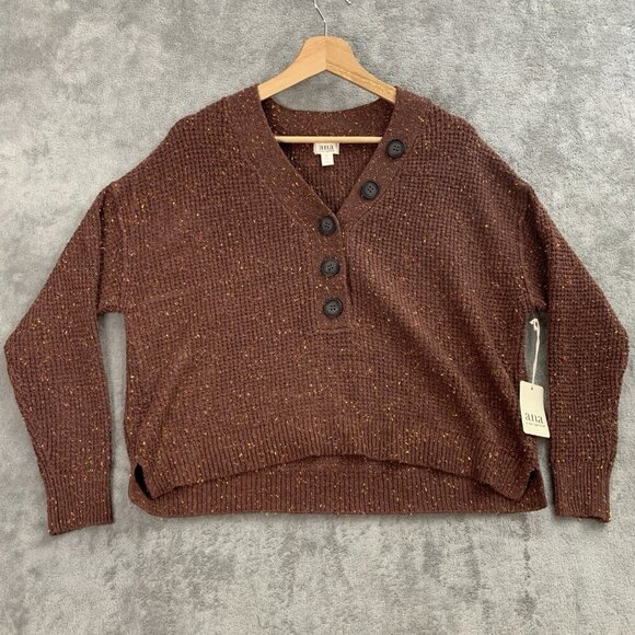a.n.a. Sweater Womens Petite Small Brown V Neck Knit Casual Sweatshirt Pullover - Picture 1 of 11